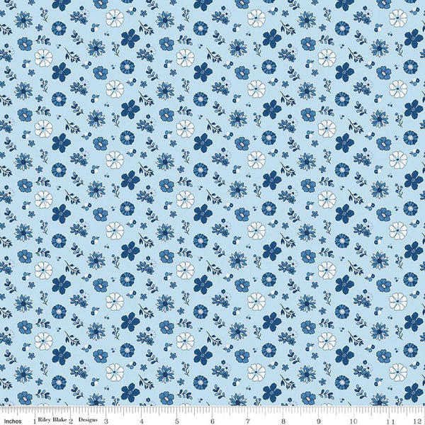 Image of Blue Blooms and Threads Floral Blue quilting cotton fabric by Christopher Thompson for Riley Blake Designs. Features flowers on a blue background. Cute Little Fabric Shop.
