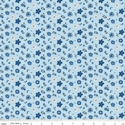 Image of Blue Blooms and Threads Floral Blue quilting cotton fabric by Christopher Thompson for Riley Blake Designs. Features flowers on a blue background. Cute Little Fabric Shop.