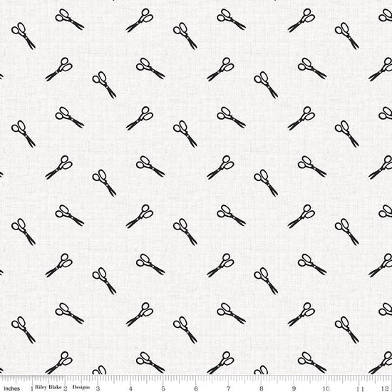Image of Blue Blooms and Threads Scissors White quilting cotton fabric by Christopher Thompson for Riley Blake Designs. Features scissors on a white background. Cute Little Fabric Shop.