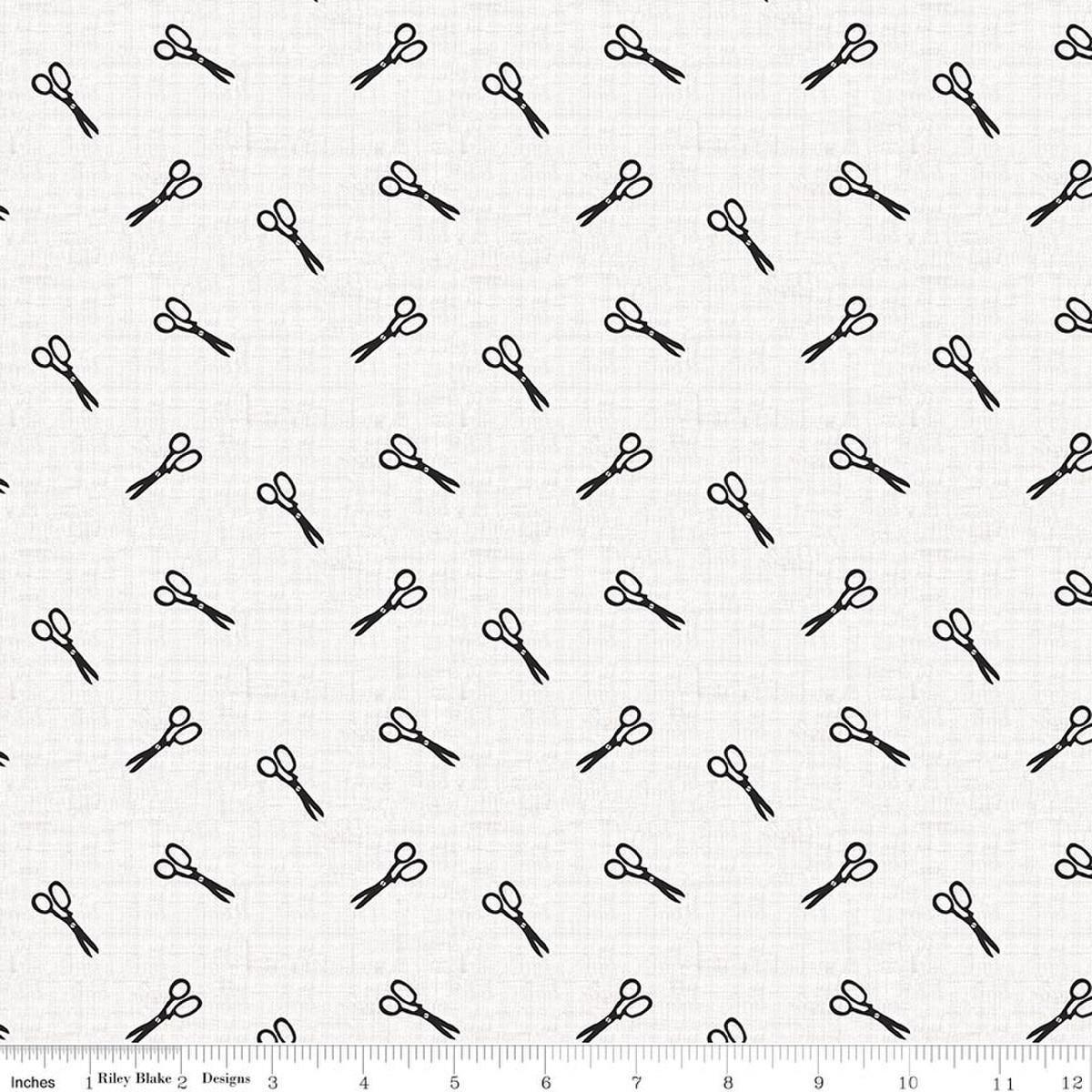 Image of Blue Blooms and Threads Scissors White quilting cotton fabric by Christopher Thompson for Riley Blake Designs. Features scissors on a white background. Cute Little Fabric Shop.