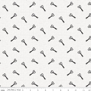 Image of Blue Blooms and Threads Scissors White quilting cotton fabric by Christopher Thompson for Riley Blake Designs. Features scissors on a white background. Cute Little Fabric Shop.