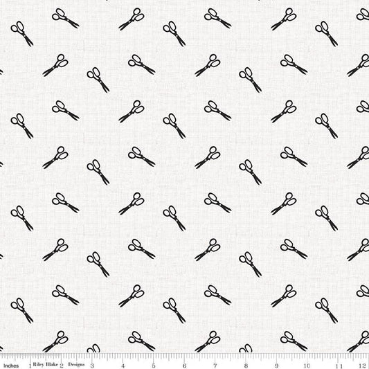 Image of Blue Blooms and Threads Scissors White quilting cotton fabric by Christopher Thompson for Riley Blake Designs. Features scissors on a white background. Cute Little Fabric Shop.