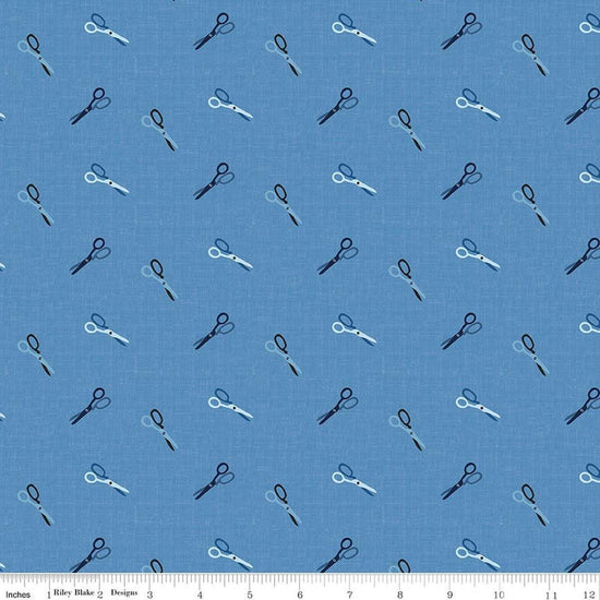 Image of Blue Blooms and Threads Scissors Blue quilting cotton fabric by Christopher Thompson for Riley Blake Designs. Features scissors on a blue background. Cute Little Fabric Shop.