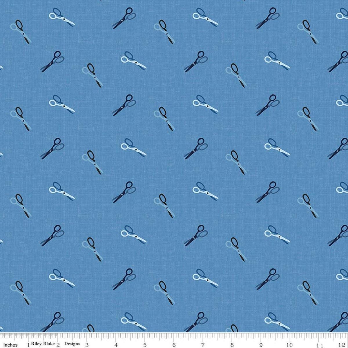 Image of Blue Blooms and Threads Scissors Blue quilting cotton fabric by Christopher Thompson for Riley Blake Designs. Features scissors on a blue background. Cute Little Fabric Shop.