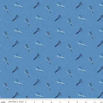 Image of Blue Blooms and Threads Scissors Blue quilting cotton fabric by Christopher Thompson for Riley Blake Designs. Features scissors on a blue background. Cute Little Fabric Shop.