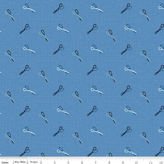 Image of Blue Blooms and Threads Scissors Blue quilting cotton fabric by Christopher Thompson for Riley Blake Designs. Features scissors on a blue background. Cute Little Fabric Shop.