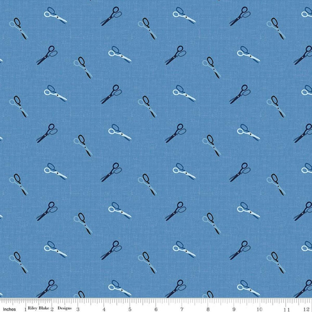 Image of Blue Blooms and Threads Scissors Blue quilting cotton fabric by Christopher Thompson for Riley Blake Designs. Features scissors on a blue background. Cute Little Fabric Shop.