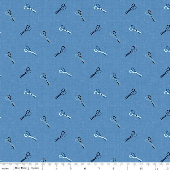 Image of Blue Blooms and Threads Scissors Blue quilting cotton fabric by Christopher Thompson for Riley Blake Designs. Features scissors on a blue background. Cute Little Fabric Shop.