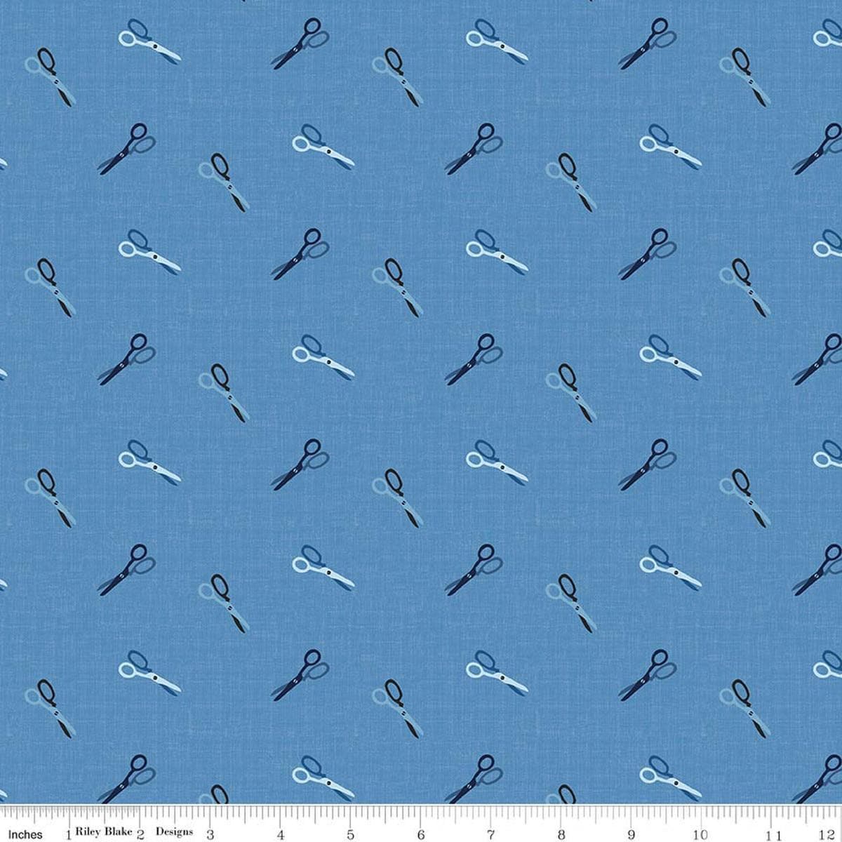Image of Blue Blooms and Threads Scissors Blue quilting cotton fabric by Christopher Thompson for Riley Blake Designs. Features scissors on a blue background. Cute Little Fabric Shop.