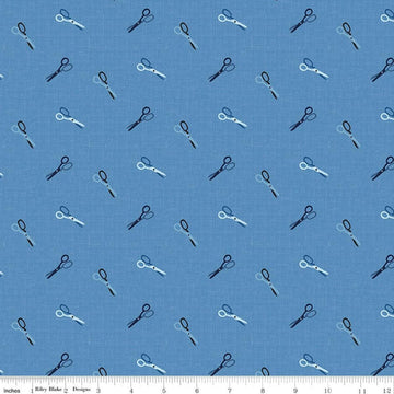 Image of Blue Blooms and Threads Scissors Blue quilting cotton fabric by Christopher Thompson for Riley Blake Designs. Features scissors on a blue background. Cute Little Fabric Shop.