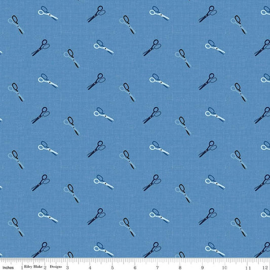Image of Blue Blooms and Threads Scissors Blue quilting cotton fabric by Christopher Thompson for Riley Blake Designs. Features scissors on a blue background. Cute Little Fabric Shop.