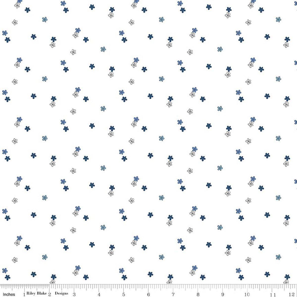 Image of Blue Blooms and Threads Ditzy White quilting cotton fabric by Christopher Thompson for Riley Blake Designs. Features flowers on a white background. Cute Little Fabric Shop.