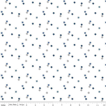 Image of Blue Blooms and Threads Ditzy White quilting cotton fabric by Christopher Thompson for Riley Blake Designs. Features flowers on a white background. Cute Little Fabric Shop.