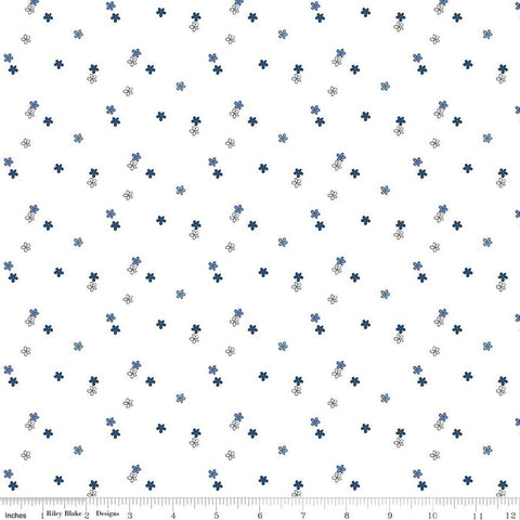 Image of Blue Blooms and Threads Ditzy White quilting cotton fabric by Christopher Thompson for Riley Blake Designs. Features flowers on a white background. Cute Little Fabric Shop.