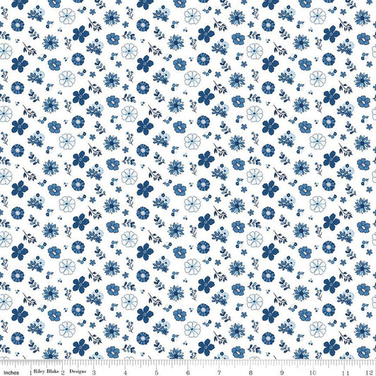 Image of Blue Blooms and Threads Floral White quilting cotton fabric by Christopher Thompson for Riley Blake Designs. Features flowers on a white background. Cute Little Fabric Shop.