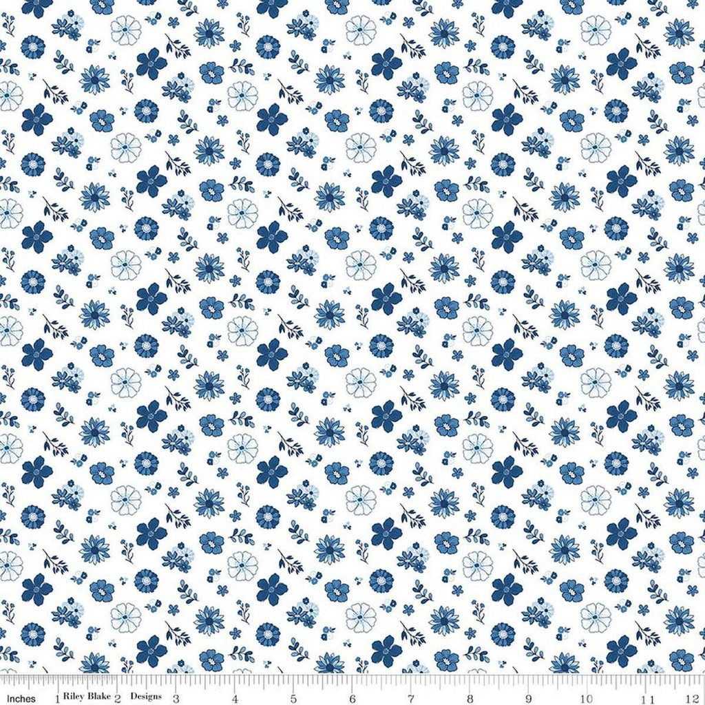 Image of Blue Blooms and Threads Floral White quilting cotton fabric by Christopher Thompson for Riley Blake Designs. Features flowers on a white background. Cute Little Fabric Shop.