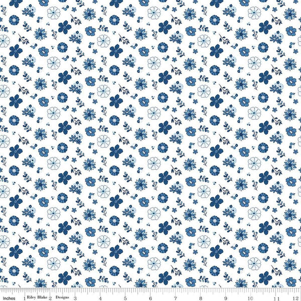 Image of Blue Blooms and Threads Floral White quilting cotton fabric by Christopher Thompson for Riley Blake Designs. Features flowers on a white background. Cute Little Fabric Shop.
