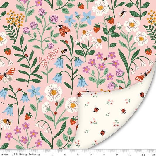 Image of Double Lush Velvet Meadow Moments polyester by Little Forest Atelier for Riley Blake Designs. Features flowers on a pink background. Cute Little Fabric Shop.
