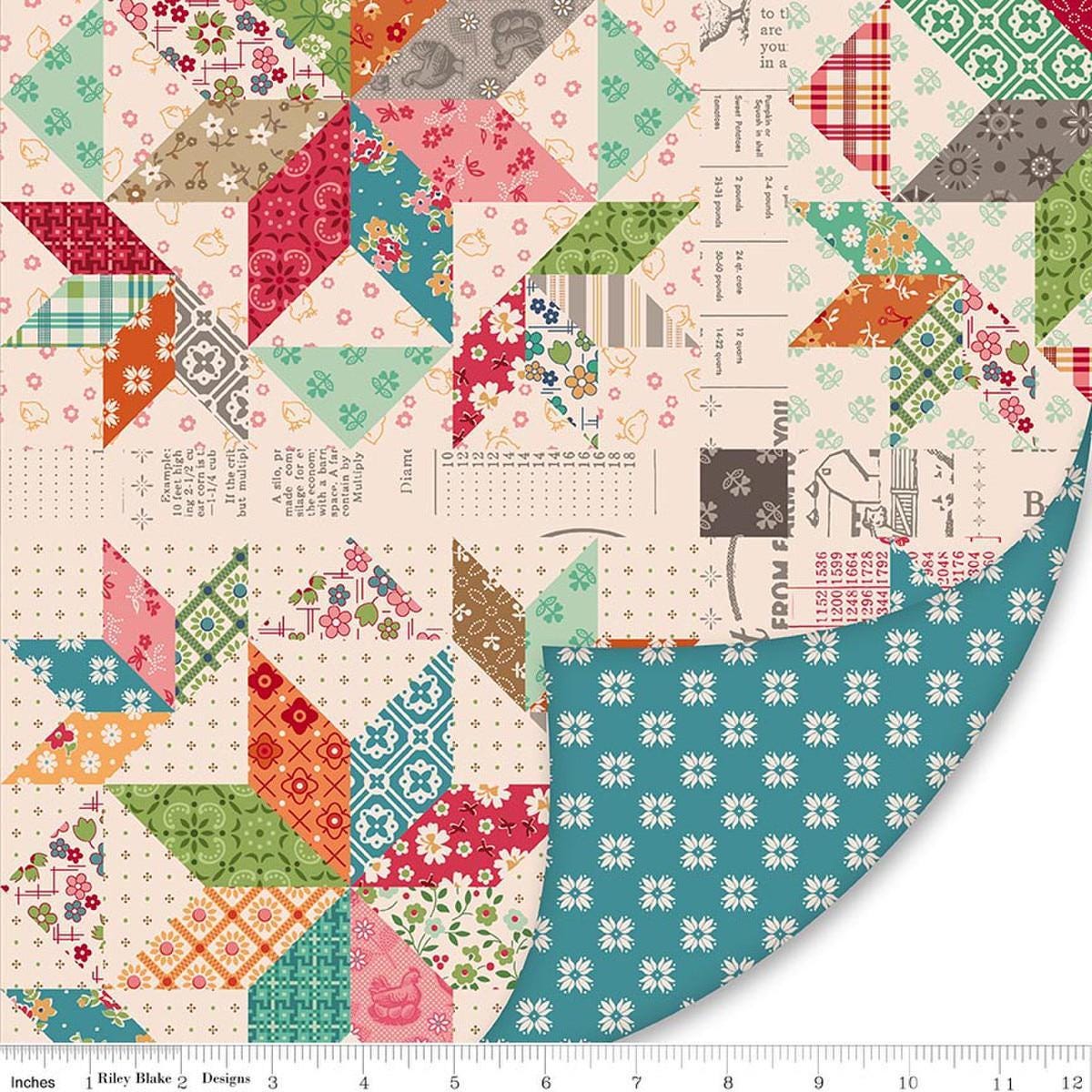 Image of Double Lush Velvet Farmer's Daughter polyester by Lori Holt for Riley Blake Designs. Features printed quilt blocks on a cream background. Cute Little Fabric Shop.