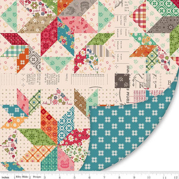 Image of Double Lush Velvet Farmer's Daughter polyester by Lori Holt for Riley Blake Designs. Features printed quilt blocks on a cream background. Cute Little Fabric Shop.