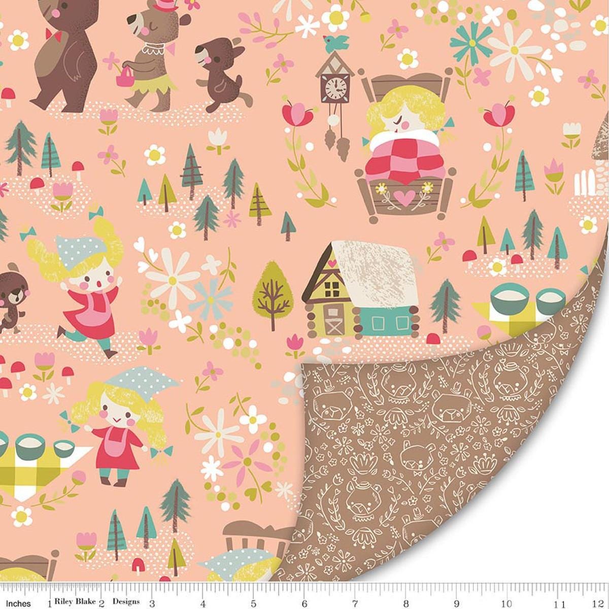 Image of Double Lush Velvet Goldilocks polyester by Jill Howarth for Riley Blake Designs. Features fairy tale on a pink background. Cute Little Fabric Shop.