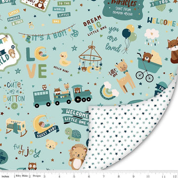 Image of Double Lush Velvet Baby Boy polyester by Lori Holt for Riley Blake Designs. Features baby toys on a blue background. Cute Little Fabric Shop.