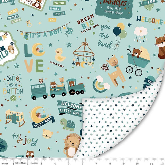 Image of Double Lush Velvet Baby Boy polyester by Lori Holt for Riley Blake Designs. Features baby toys on a blue background. Cute Little Fabric Shop.