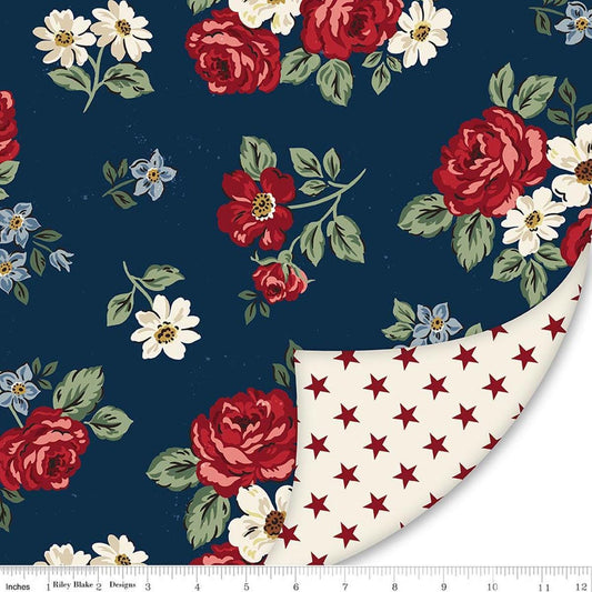 Image of Double Lush Velvet Independence polyester by The RBD Designers for Riley Blake Designs. Features floral on a blue background. Cute Little Fabric Shop.