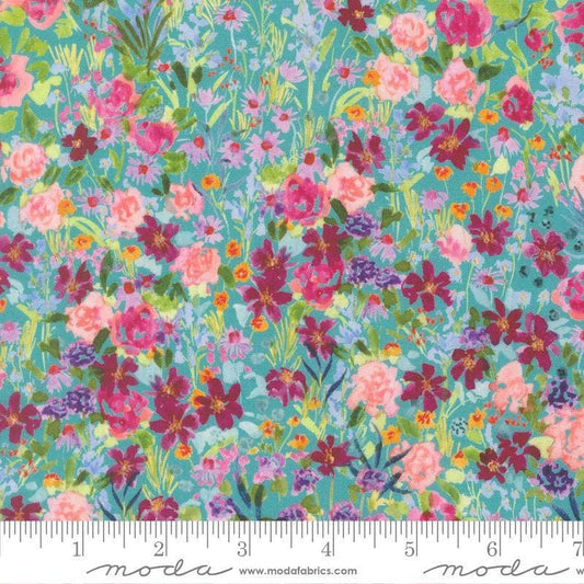 Image of Soulstice Garden Turquoise quilting cotton fabric by Create Joy Project for Moda Fabrics. Features floral watercolors on a blue background. Cute Little Fabric Shop.