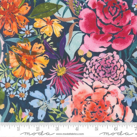 Image of Soulstice Midsummer Navy canvas cotton fabric by Create Joy Project for Moda Fabrics. Features abstract watercolors on a blue background. Cute Little Fabric Shop.