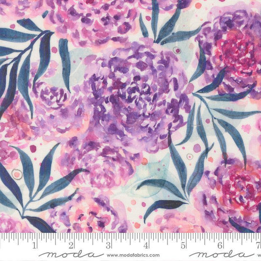 Image of Soulstice Dhalia Lavender quilting cotton fabric by Create Joy Project for Moda Fabrics. Features floral watercolors on a purple background. Cute Little Fabric Shop.