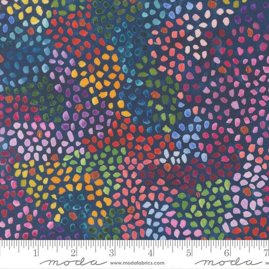 Image of Soulstice Treasure Navy quilting cotton fabric by Create Joy Project for Moda Fabrics. Features abstract watercolors on a blue background. Cute Little Fabric Shop.