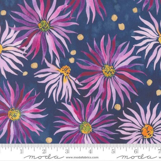 Image of Soulstice Wall Flower Navy quilting cotton fabric by Create Joy Project for Moda Fabrics. Features floral watercolors on a blue background. Cute Little Fabric Shop.