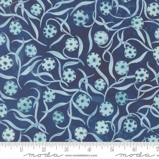 Image of Soulstice Sprout Navy quilting cotton fabric by Create Joy Project for Moda Fabrics. Features abstract watercolors on a blue background. Cute Little Fabric Shop.