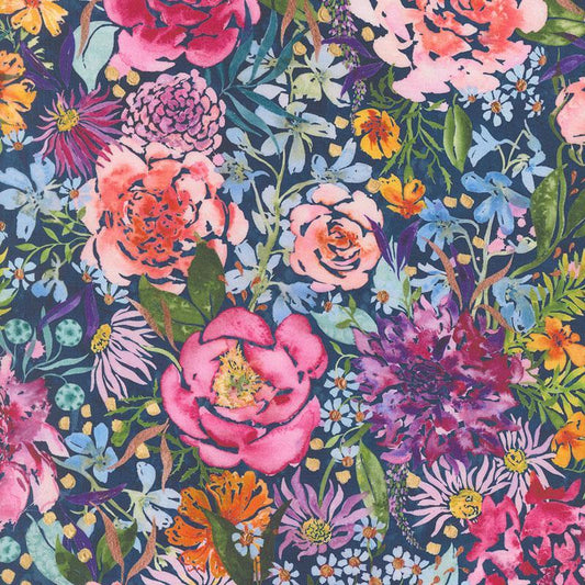 Image of Soulstice Wide Back Navy quilting cotton fabric by Create Joy Project for Moda Fabrics. Features watercolor flowers on a blue background. Cute Little Fabric Shop.