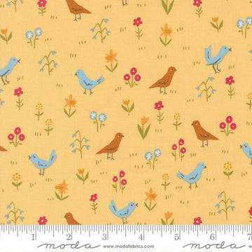 Image of Animal Park Fun Birds Banana quilting cotton fabric by Stacy Iest Hsu for Moda Fabrics. Features animals on a yellow background. Cute Little Fabric Shop.