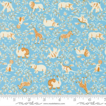 Image of Animal Park Fun Animal Crackers Sky quilting cotton fabric by Stacy Iest Hsu for Moda Fabrics. Features animals on a blue background. Cute Little Fabric Shop.
