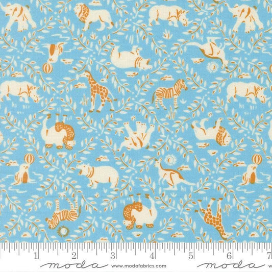 Image of Animal Park Fun Animal Crackers Sky quilting cotton fabric by Stacy Iest Hsu for Moda Fabrics. Features animals on a blue background. Cute Little Fabric Shop.
