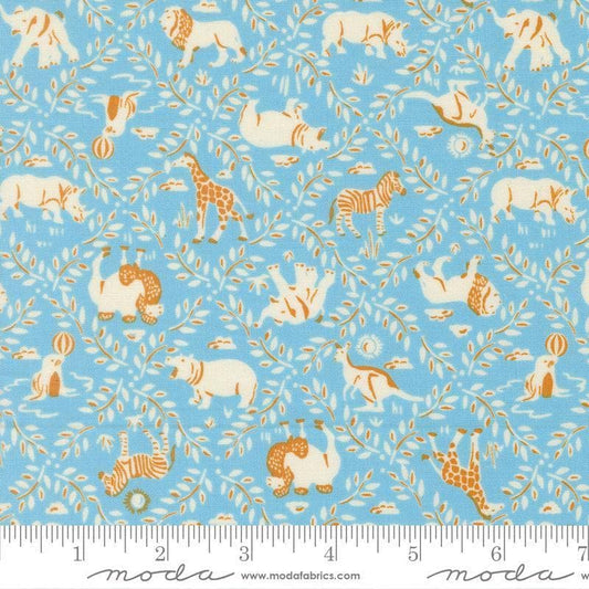 Image of Animal Park Fun Animal Crackers Sky quilting cotton fabric by Stacy Iest Hsu for Moda Fabrics. Features animals on a blue background. Cute Little Fabric Shop.
