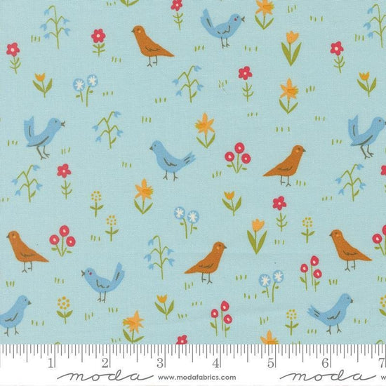 Image of Animal Park Fun Birds Water quilting cotton fabric by Stacy Iest Hsu for Moda Fabrics. Features animals on a blue background. Cute Little Fabric Shop.