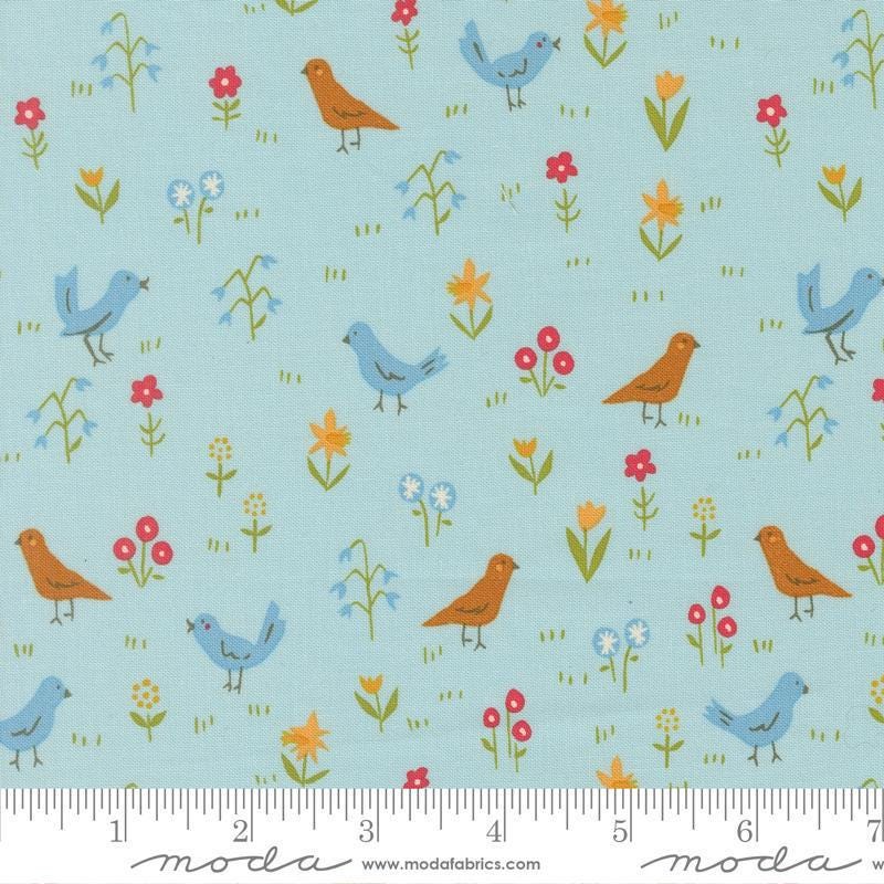 Image of Animal Park Fun Birds Water quilting cotton fabric by Stacy Iest Hsu for Moda Fabrics. Features animals on a blue background. Cute Little Fabric Shop.