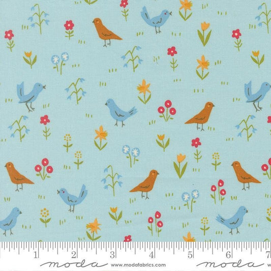 Image of Animal Park Fun Birds Water quilting cotton fabric by Stacy Iest Hsu for Moda Fabrics. Features animals on a blue background. Cute Little Fabric Shop.