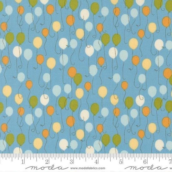 Image of Animal Park Fun Balloons Bluebird quilting cotton fabric by Stacy Iest Hsu for Moda Fabrics. Features animals on a blue background. Cute Little Fabric Shop.