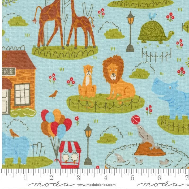 Image of Animal Park Fun Zoo Water quilting cotton fabric by Stacy Iest Hsu for Moda Fabrics. Features animals on a blue background. Cute Little Fabric Shop.
