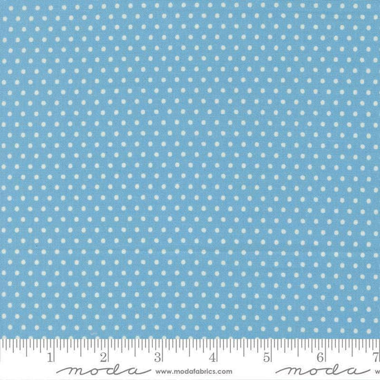 Image of Animal Park Fun Dots Bluebirds quilting cotton fabric by Stacy Iest Hsu for Moda Fabrics. Features dots on a blue background. Cute Little Fabric Shop.