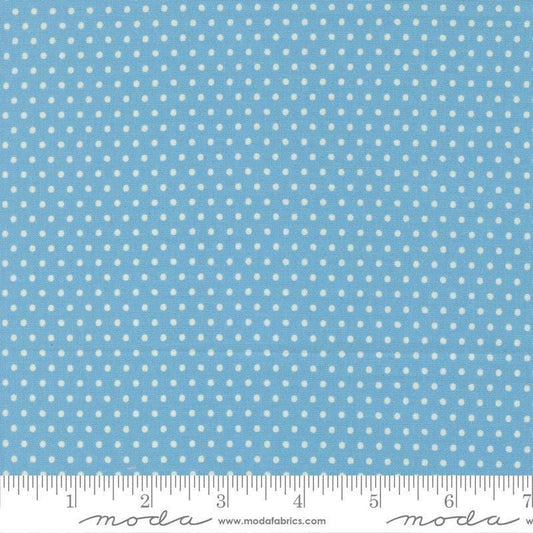 Image of Animal Park Fun Dots Bluebirds quilting cotton fabric by Stacy Iest Hsu for Moda Fabrics. Features dots on a blue background. Cute Little Fabric Shop.