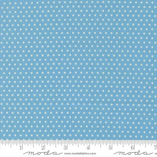 Image of Animal Park Fun Dots Bluebirds quilting cotton fabric by Stacy Iest Hsu for Moda Fabrics. Features dots on a blue background. Cute Little Fabric Shop.
