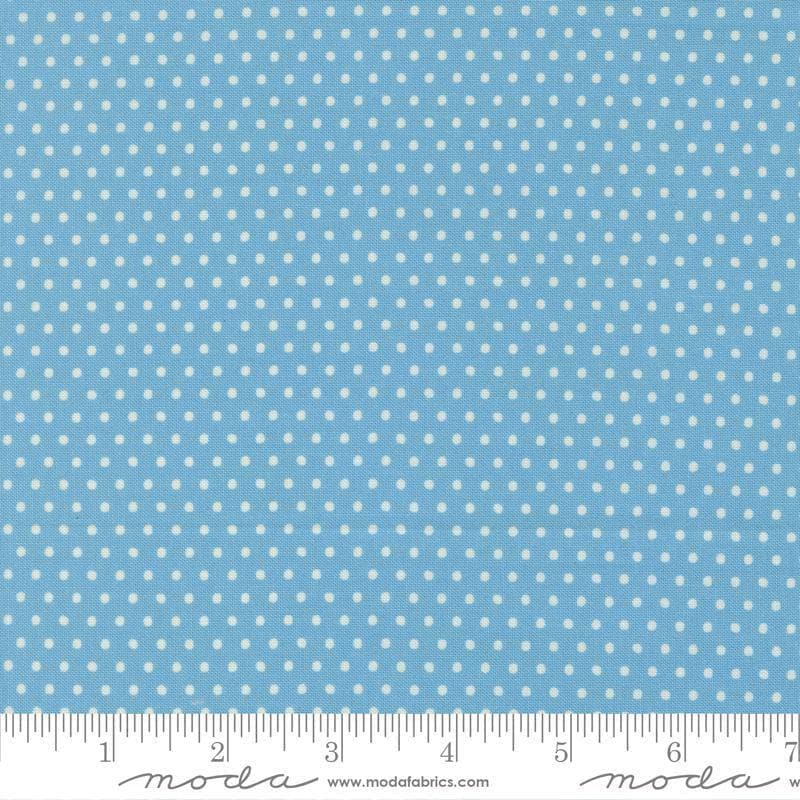 Image of Animal Park Fun Dots Bluebirds quilting cotton fabric by Stacy Iest Hsu for Moda Fabrics. Features dots on a blue background. Cute Little Fabric Shop.
