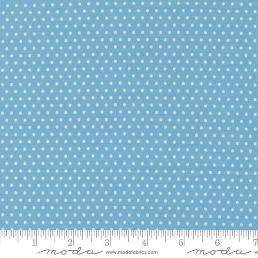 Image of Animal Park Fun Dots Bluebirds quilting cotton fabric by Stacy Iest Hsu for Moda Fabrics. Features dots on a blue background. Cute Little Fabric Shop.