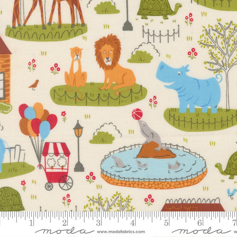 Image of Animal Park Fun Zoo Dove quilting cotton fabric by Stacy Iest Hsu for Moda Fabrics. Features animals on a cream background. Cute Little Fabric Shop.